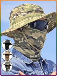 2pcs Unisex Camouflage Breathable Full Coverage Bucket Hat & Balaclava Neck Gaiter Set, Suitable For Outdoor Sports Like Fishing, Cycling, Hiking, Camping, Climbing