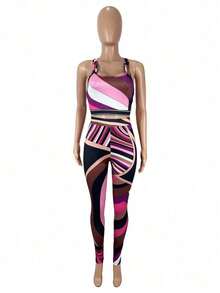 New Women's Clothing, Fashionable And Sexy Contrasting Color Printed Top, Vest And Trousers Set - 紫色 - 查看 5