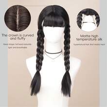 1 件时尚编织假发带刘海，高温纤维黑色编织假发，全头假发，适合化装舞会 - 黑色 - 查看 7