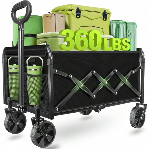 Good Folding Wagon Cart, Beach Wagon Cart For Sand Big Wheels, Heavy Duty Foldable Wagons Carts - Collapsible Folding Wagon Cart, 560LBS Large Capacity - Adjustable Height, Metal, Black, Universal Wheel