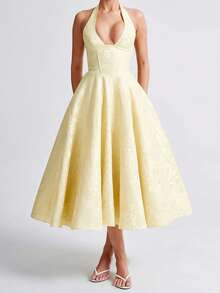 Women Jacquard Halter Dress Elegant Low Cut Sleeveless Open Back A-Line Long Dress For Evening Party Club - Màu vàng - Xem 1