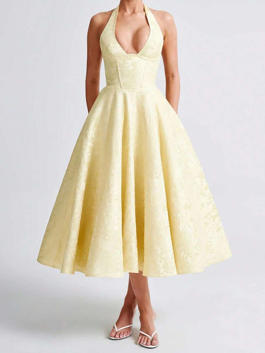 Women Jacquard Halter Dress Elegant Low Cut Sleeveless Open Back A-Line Long Dress For Evening Party Club - Màu vàng - Xem 1