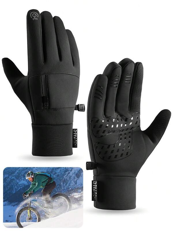 Black Winter Cycling Gloves, Touch Screen Compatible, Waterproof, Thermal Lined Hand Warmers, Anti-Slip Silicone Grip For Men And Women