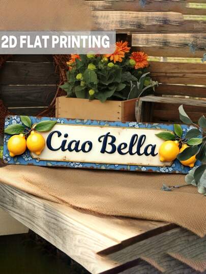 Letrero de madera rústico Ciao Bella Limón en 2D plano, de una sola pieza - Decoración de pared estilo granja italiana, fondo floral azul, arte vintage para cocina y sala de estar, 9.98 X 39.98 cm, sin electricidad requerida, decoración del hogar con limón, acentos decorativos florales, arte resistente para exteriores, decoración de granja, decoración del hogar, decoración de habitación, regalo de decoración de pared