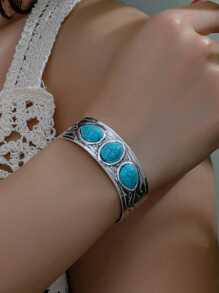 1pc Vintage Silver Plated Blue Stone Bangle Bracelet, Fashionable & Elegant, Suitable For Parties, Banquets And Daily Wear