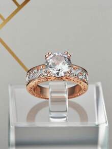 MONALLY 1枚奢华镂空立方氧化锆不锈钢戒指，珠宝配饰礼品，适合女性出席宴会、周年纪念日及其他场合。 - 玫瑰金 - 查看 10