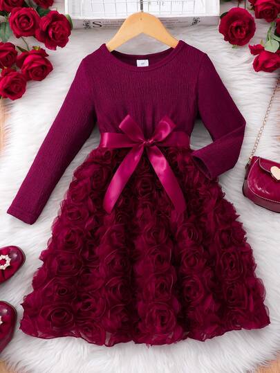 Young Girl Elegant Solid Color Patchwork 3D Rose Flower Long Sleeve Knee-Length Dress With Belt