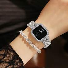 1 Set Women's Electronic Watch With Bracelet, Square LED Ladies Watch, Alloy Material, Fashionable Touch Screen Electronic Watch For Students - Silver - View 3