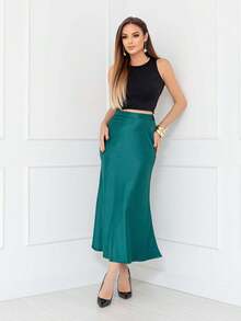 Elegant Long Satin Skirt For Women With Side Zipper Code 167 - Petroleum Blue - View 1