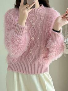 素色珍珠串珠毛茸茸套頭毛衣 - 粉色 - 查看 4