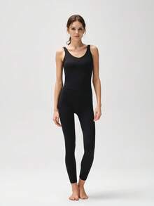 RRIVE Two-Piece Set Women's Solid U-Neck Sleeveless Tank Top & High Waisted Leggings, Fitness Sportswear Set, Stretchy Sculpting Breathable Activewear For Gym Workout Lounge Summer Outfits - 黑色 - 查看 1