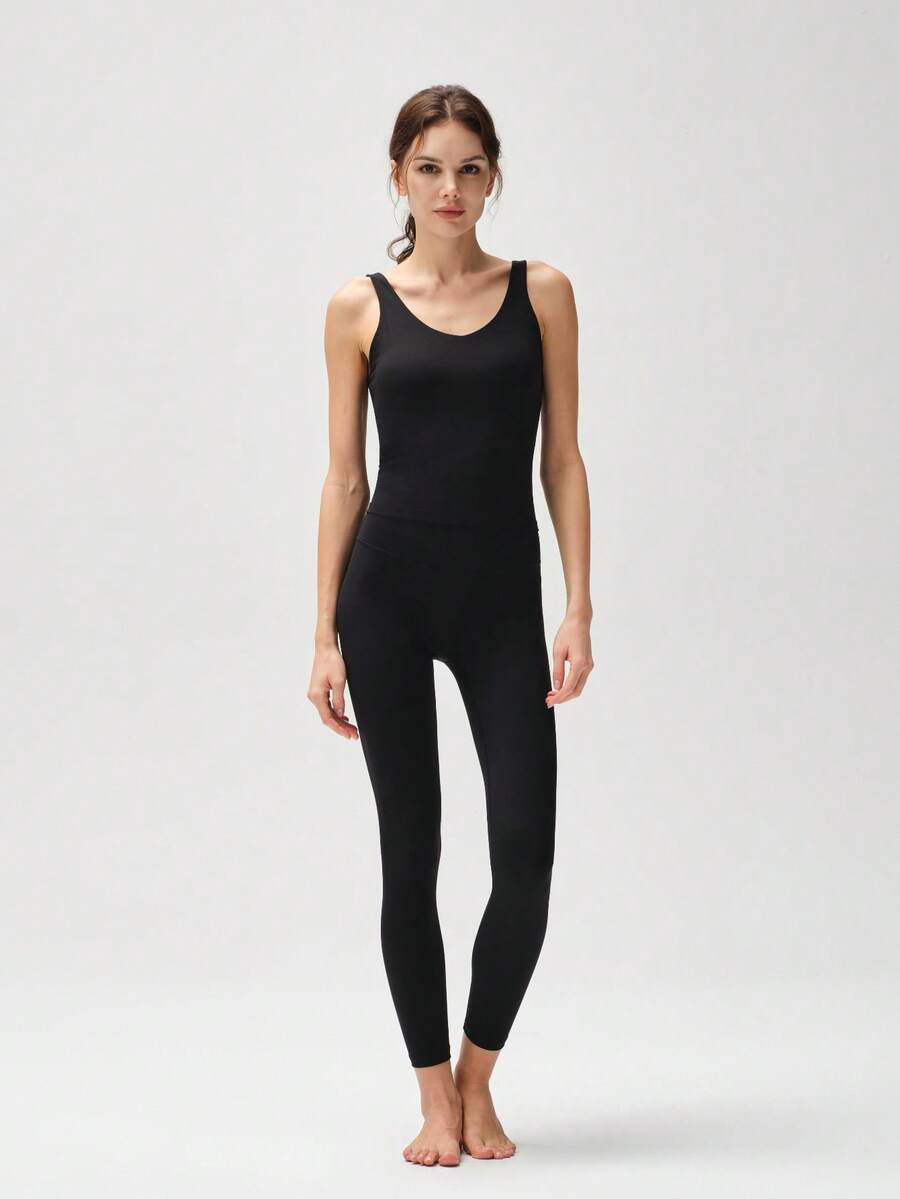 RRIVE Two-Piece Set Women's Solid U-Neck Sleeveless Tank Top & High Waisted Leggings, Fitness Sportswear Set, Stretchy Sculpting Breathable Activewear For Gym Workout Lounge Summer Outfits - 黑色 - 查看 1