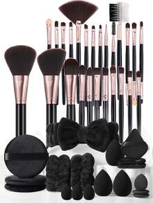43pcs Makeup Brush & Sponge Set, Includes 25pcs Makeup Brushes: Powder Brush, Blush Brush, Concealer Brush, Contour Brush, Nose Brush, Eye Shadow Brush, Eyebrow Brush, Detail Brush. Made Of Ultra-Soft Synthetic Fibers, Suitable For Daily Facial Makeup. Set Includes: Makeup Brush Set, Makeup Brush Kit, Complete Makeup Brush Set, Makeup Set, Makeup Brush Set, Makeup Gift Set. - Multicolor - View 1