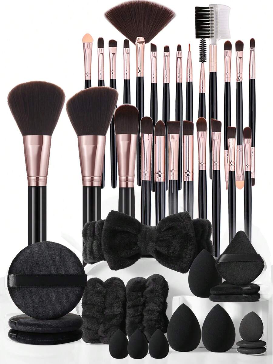 43pcs Makeup Brush & Sponge Set, Includes 25pcs Makeup Brushes: Powder Brush, Blush Brush, Concealer Brush, Contour Brush, Nose Brush, Eye Shadow Brush, Eyebrow Brush, Detail Brush. Made Of Ultra-Soft Synthetic Fibers, Suitable For Daily Facial Makeup. Set Includes: Makeup Brush Set, Makeup Brush Kit, Complete Makeup Brush Set, Makeup Set, Makeup Brush Set, Makeup Gift Set. - Multicolor - View 1