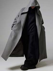 男士休闲纯色连帽长袖风衣，秋冬季百搭单品 - 深灰色 - 查看 2