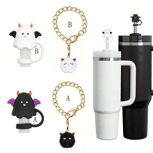1 Set Of 2pcs 10mm Halloween Themed Silicone Straw Caps, Reusable Mini Devil Straw Dust Plugs, Cartoon Water Bottle Metal Charms, Fit For 30&40oz Tumblers, Halloween Gift