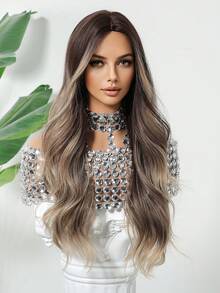 24英寸渐变棕色波浪假发，女士款 - 合成纤维中分自然蓬松假发 - 适合日常佩戴及各种场合 - 彩色 - 查看 3