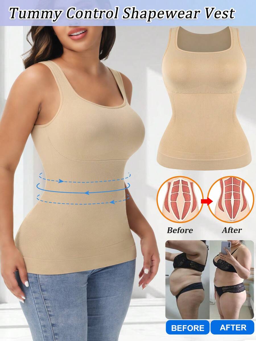 Shapewear Tank Top For Women Tummy Control Belly Abdomen Compression Cami Camisole Body Shaper Vest Slimming Underwear Undershirts Shaping Top Shirts Scoop Neck - 米色 - 查看 1