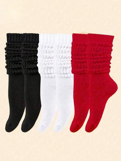 6 pares de calcetines medianos/hasta la rodilla de mujer en negro, blanco y rojo, adecuados para otoño/invierno, transpirables, suaves, cálidos y cómodos con costillas