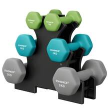 SONGMICS Hex Dumbbells Set With Stand - 2 X 1 Kg, 2 X 2 Kg, 2 X 3 Kg, Lime, Teal And Grey, Neoprene Matte Finish, Fitness Weight Exercise For Home Gym, Vinyl Coated - Multicolor - View 7