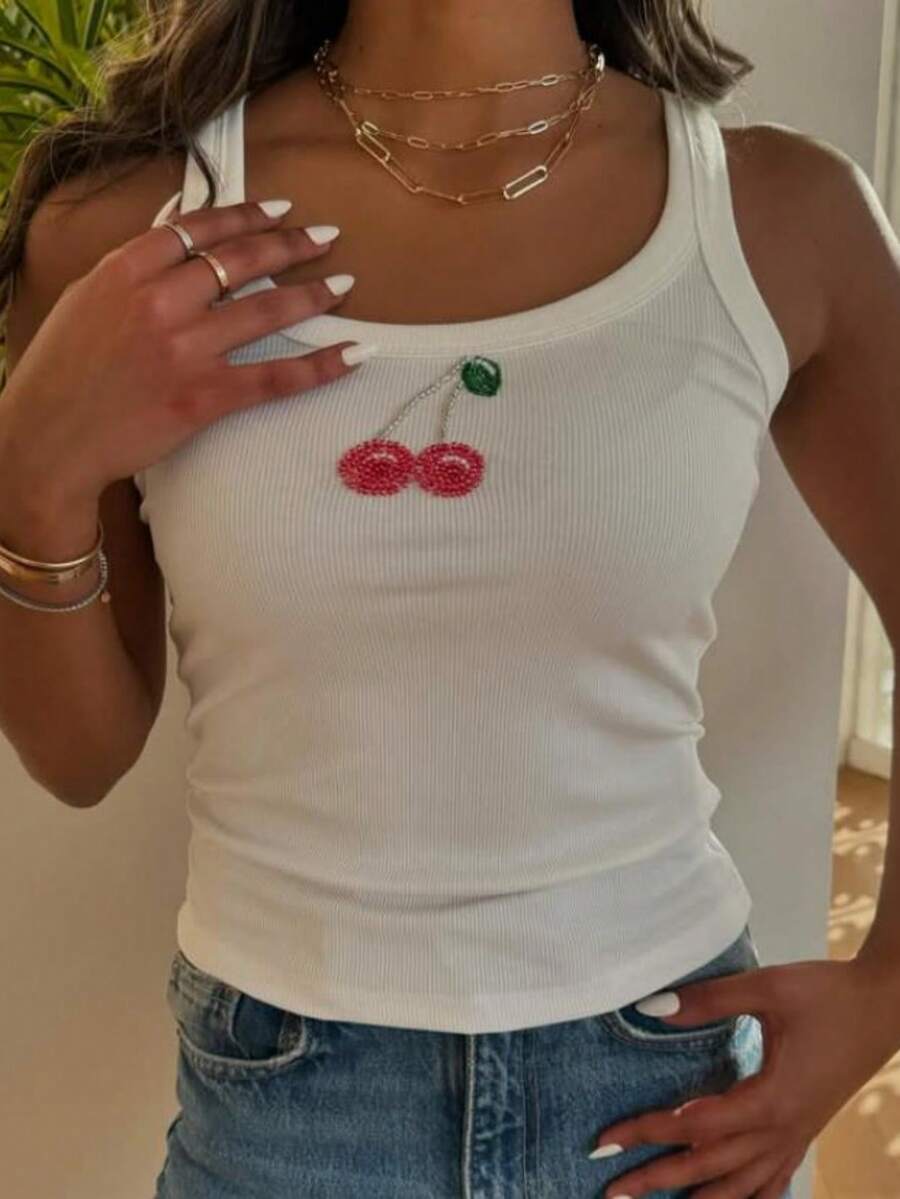 Women's Tank Tops, Beaded Pattern Tank, White U-Neck Sleeveless Slim Fit Basic Summer Vest For Everyday Street Wear - 白色 - 查看 1