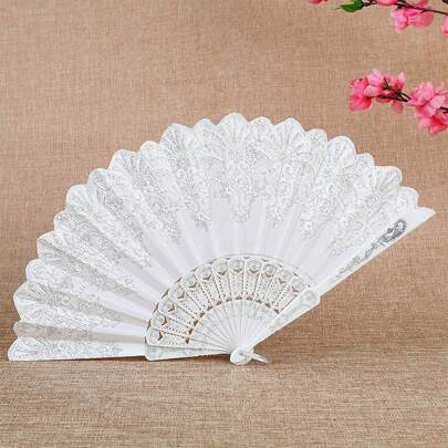 1pc Women White Folding Fan With Silver Flower Pattern, Fashion Dance Fan