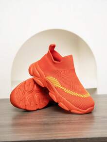 1 双儿童针织运动鞋，一脚蹬透气防滑跑步鞋，时尚拼布网眼休闲鞋，适合学生