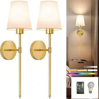 2pcs Battery-Operated Wall Sconces With Fabric Shade, LED Rechargeable Light Bulb Wall Lights Set Of 2, Dimmable Wireless Lamp With 3 Color Temperature, 12 RGB And Remote For Bedroom Living Room Hallway
