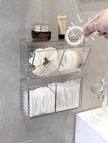 透明清洁棉签收纳盒，亚克力浴室翻盖化妆品展示盒，壁挂式无孔化妆棉球、发夹、发圈收纳盒，可存放清洁棉签、化妆棉球、发夹、发圈等。