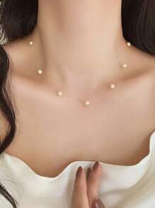 1 件米色仿珍珠项链，法式优雅女士通勤和约会颈链，休闲度假颈链配饰 - 香檳色 - 查看 2