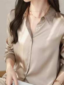 女士休闲商务简约纯色长袖衬衫，春秋季 - 香檳色 - 查看 2