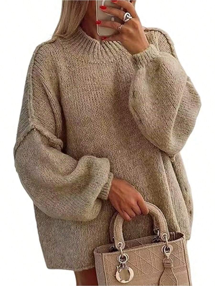 Women's Oversized Pullover Sweaters  Fall Winter Mock Neck Lantern Sleeve Crochet Casual Knitted Jumper Tops Solid Color Loose Blouse - 駝色 - 查看 1