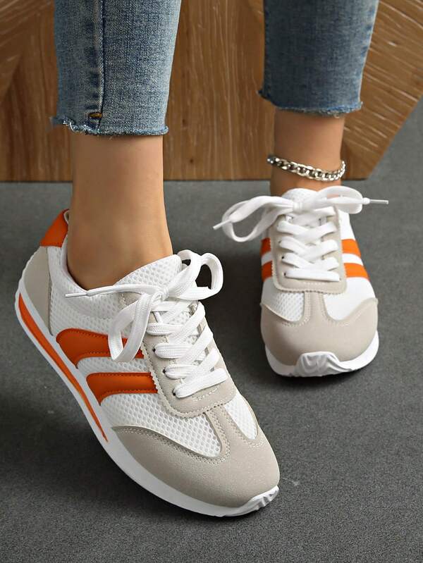 Women'S Casual Striped Low-Top Sneakers - Lightweight Breathable Fabric Upper, Durable Rubber Sole, Lace-Up Closure, All-Season Comfort For Casual Attire, Ladies Sneakers, Everyday Footwear, Classic Stripe Design, Comfortable Footwear