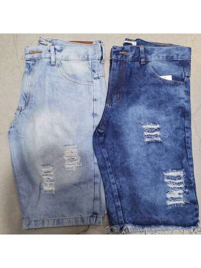 Kit 2 Bermudas Jeans Denim Rasgada Desfiada Destroyed Masculina