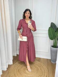 Striped Midi DressStripedElegantConservative / ModestPartyPocketButton - Màu Đỏ Sâu - Xem 2