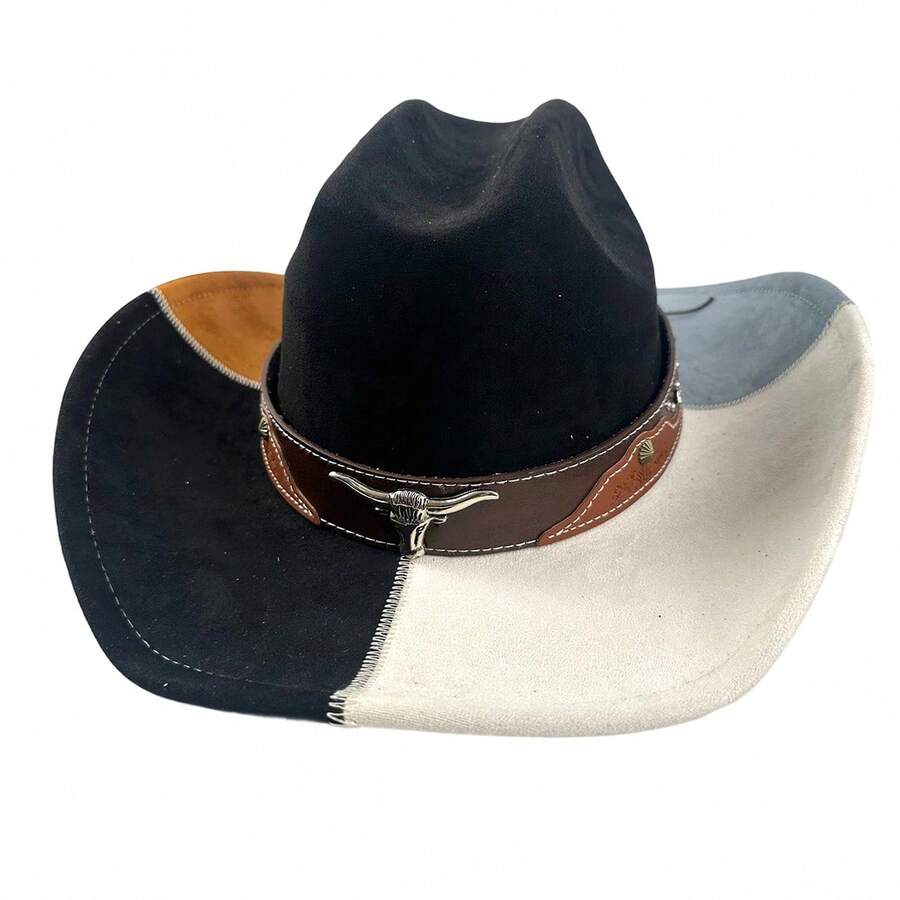Suede Denim Cowboy Hat For Women Man Wide Brim Cowboy Hat With Chinstraps Western Cowgirl Hat For Party Cowboy Hat For Women Men With Shapeable Wide Brim Western Suede Hat For Cowboys And Cowgirls - 黑色 - 查看 1