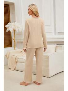 Women's 2 Piece Ribbed Color Block Fleece Pajama Set Fall Long Sleeve Lounge Sleepwear With Pockets Soft Warm Loungewear - Màu be - Xem 4