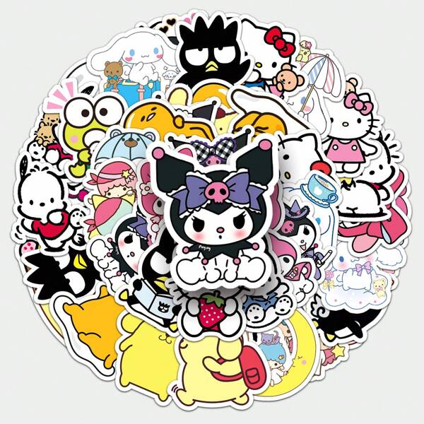 Sanrio 51pcs Sanrio Cartoon Cute Kuromi, Pompompurin, Pachapachi Dog Sticker Set For Luggage, Cup, Guitar, Skateboard, Water Bottle, Waterproof Aesthetic Stickers