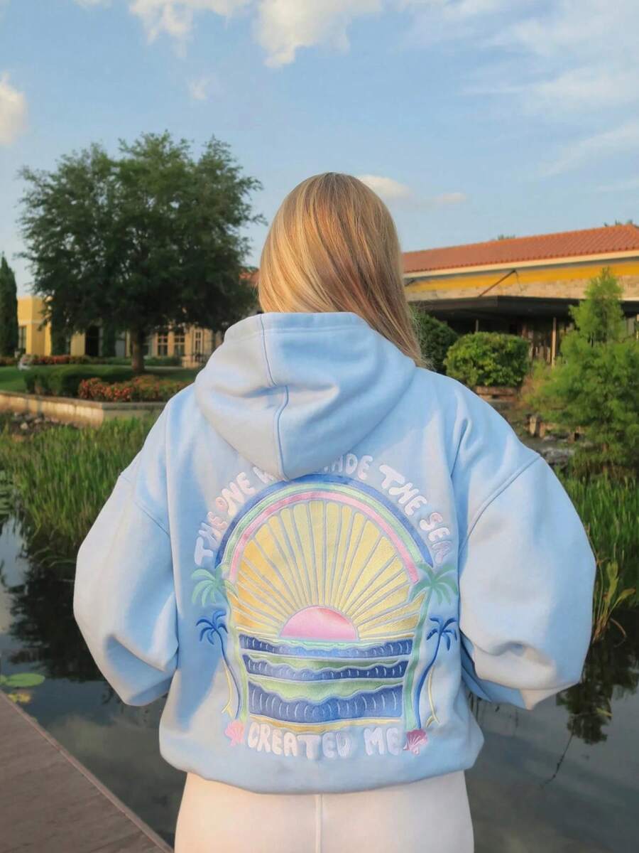 Women's Embroidered Hoodies Y2K Long Sleeve Hooded Cute Preppy Fleece Pullover Sweatshirts With Pockets - Màu xanh nhạt - Xem 1