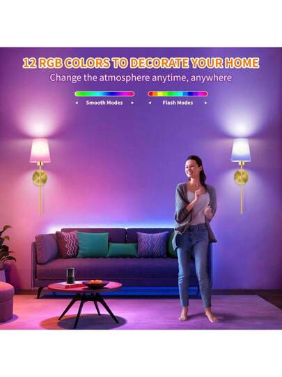 Battery Operated Wand Sconces Fabric Shade, Rechargeable LED Lights Set Of 2, Dimmable Wireless Lamp Temperature, 12 RGB Remote Bedroom Living Room Hallway view 2