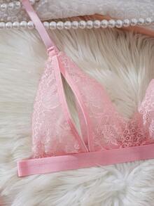 2 件花卉蕾丝内衣套装，开杯文胸和开裆丁字裤，性感女士内衣和睡衣套装 - 粉色 - 查看 4