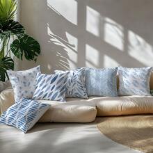 6 件蓝色简约叶子几何图案靠垫套，单面印花桃色天鹅绒材质，45*45/50*50/40*40 厘米枕套适用于现代布艺沙发室内装饰、派对装饰、礼物 - 6pc-藍色 - 查看 7