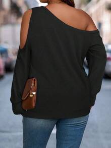 Women's Solid Color Casual Cold Shoulder Top, Plus Size Stretchy Loose Comfortable Style, Basic Suitable For Daily Casual And Commuting Wear