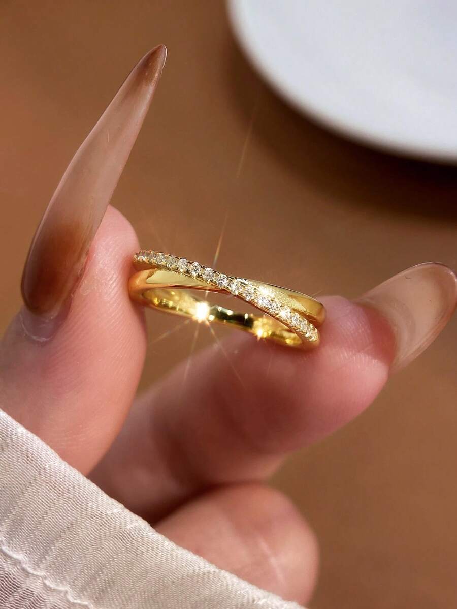 1枚925纯银十字架戒指，镶嵌立方氧化锆，优雅珠宝，女士礼物，生日、派对、日常佩戴皆宜 - 金色 - 查看 1