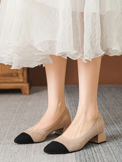 French Woven Knitted Women's High Heel Pumps, New Princess Shoes, Fall, Autumn, Pointed Toe Low Vamp Black & Apricot Hollow Breathable Women's High Heel Chunky Pumps