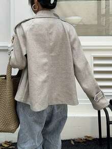 女士秋季休闲纯色常规款外套，时尚长袖插肩领双排扣梭织面料带口袋，女士冬季外套 - 杏色 - 查看 6