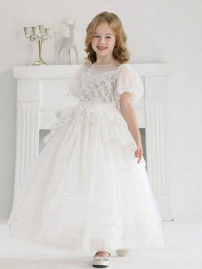 女童白色刺绣婚礼花童礼服，高端伴娘迷你礼服