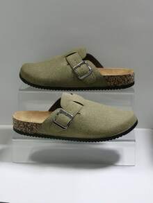 休闲男士沙滩鞋木拖鞋一脚蹬凉鞋夏季男女通用软木木屐办公室休闲闭趾拖鞋，加大码 - 卡其色 - 查看 5