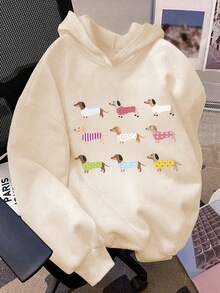少女长袖连帽卫衣，印有可爱的腊肠犬卡通图案，舒适时尚休闲，秋冬季新款 - 杏色 - 查看 1