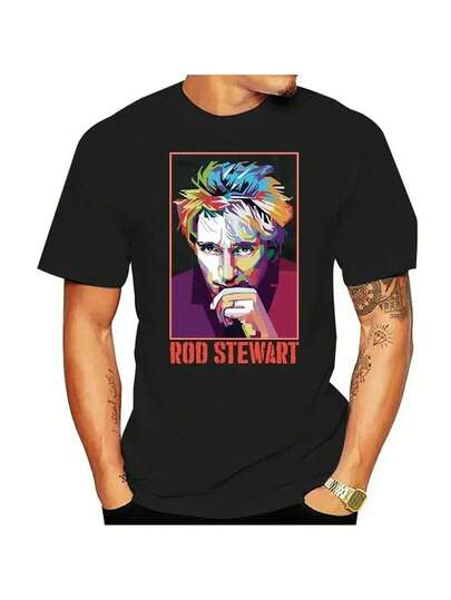 Camiseta gráfica de Rod Stewart, camiseta de cuello redondo 100% algodón, top casual estampado con ligera elasticidad, tejido de punto para todas las estaciones, ajuste regular para hombres y mujeres